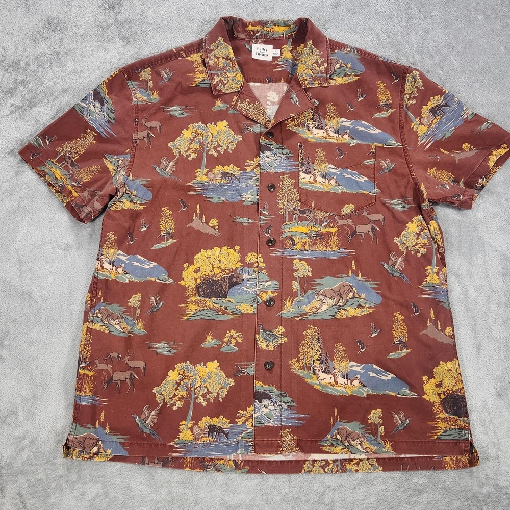 Flint And Tinder Shirt Mens Large Brown Huckberry Wildlife Loop Collar
